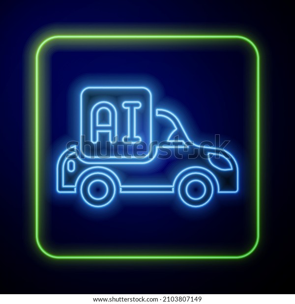 Glowing neon Autonomous\
artificial Intelligence smart car icon isolated on blue background.\
 Vector