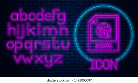 Glowing neon AVI file document. Download avi button icon isolated on brick wall background. AVI file symbol. Neon light alphabet. Vector Illustration
