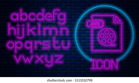 Glowing neon AVI file document. Download avi button icon isolated on brick wall background. AVI file symbol. Neon light alphabet. Vector Illustration