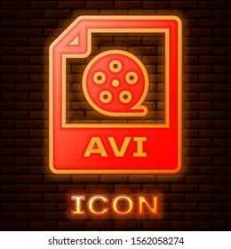 Glowing neon AVI file document. Download avi button icon isolated on brick wall background. AVI file symbol.  Vector Illustration