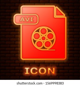 Glowing neon AVI file document. Download avi button icon isolated on brick wall background. AVI file symbol.  Vector Illustration