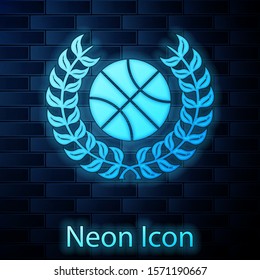 Glowing neon Award with basketball ball icon isolated on brick wall background. Laurel wreath. Winner trophy. Championship or competition trophy.  Vector Illustration