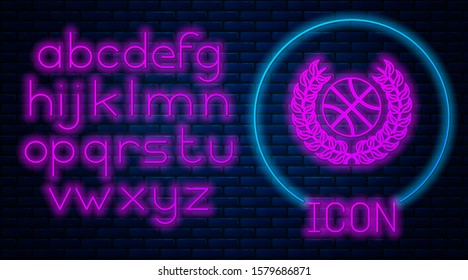 Glowing neon Award with basketball ball icon isolated on brick wall background. Laurel wreath. Winner trophy. Championship or competition trophy. Neon light alphabet. Vector Illustration