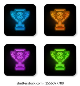 Glowing neon Award cup with basketball ball icon isolated on white background. Winner trophy symbol. Championship or competition trophy. Black square button. Vector Illustration