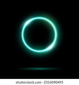 Glowing neon azure circle isolated on black background. Round electric light frame. Geometric fashion design vector illustration. Empty minimal ring art decoration.