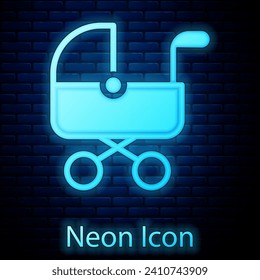Glowing neon Baby stroller icon isolated on brick wall background. Baby carriage, buggy, pram, stroller, wheel.  Vector