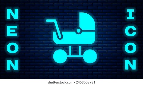 Glowing neon Baby stroller icon isolated on brick wall background. Baby carriage, buggy, pram, stroller, wheel.  Vector