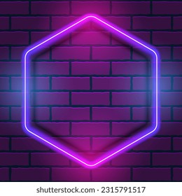 Glowing Neon Background Hexagon Shape Blue Violet Pink Color on Brick Wall Texture Vector Illustration