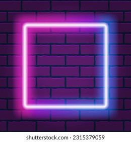 Glowing Neon Background Square Shape Pink Blue Color on Brick Wall Texture Vector Illustration