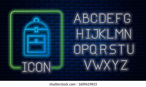 Glowing neon Backpack icon isolated on brick wall background. Neon light alphabet. Vector Illustration
