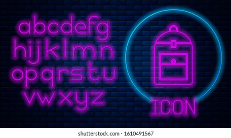 Glowing neon Backpack icon isolated on brick wall background. Neon light alphabet. Vector Illustration