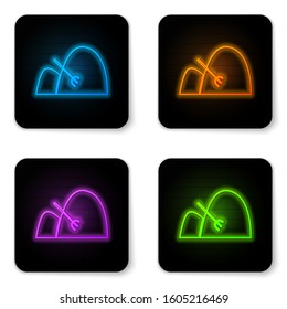 Glowing neon Bale of hay and rake icon isolated on white background. Black square button. Vector Illustration