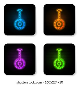 Glowing neon Banjo icon isolated on white background. Musical instrument. Black square button. Vector Illustration