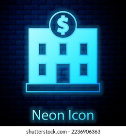 Glowing neon Bank building icon isolated on brick wall background.  Vector