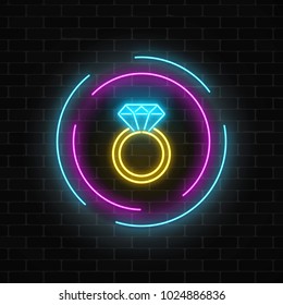 Glowing neon banner including a ring with a diamond on dark brick wall background. Jewelry icon in circle frames. Vector illustration.