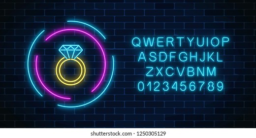 Glowing neon banner including a ring with a diamond with alphabet on dark brick wall background. Jewelry icon in circle frames. Vector illustration.