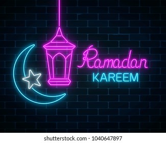 Glowing neon banner of ramadan islamic holy month on dark brick wall background. Ramadan kareem greeting text with fanous lantern, star and crescent. Vector illustration.