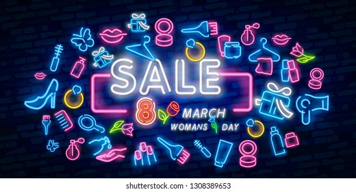 Glowing neon banner of SALE world women's day on dark brick wall background. Spring sale greeting card to march 8 with rose flower and lettering. Vector illustration.