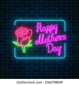 Glowing neon banner of world mothers day on dark brick wall background. Spring greeting card