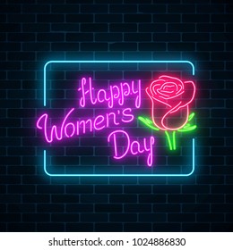 Glowing neon banner of world women's day on dark brick wall background. Spring greeting card to march 8 with rose flower and lettering. Vector illustration.