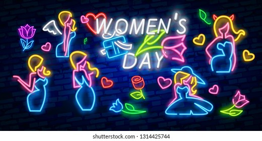 Glowing neon banner of world women's day on dark brick wall background. Spring greeting card to march 8 with rose flower and lettering. Vector illustration.