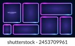 Glowing neon banners, illuminated colorful square frames. Shiny vibrant border, glow effect. Blue vintage retro lights, night illumination. Modern futuristic UI design elements. Vector illustration