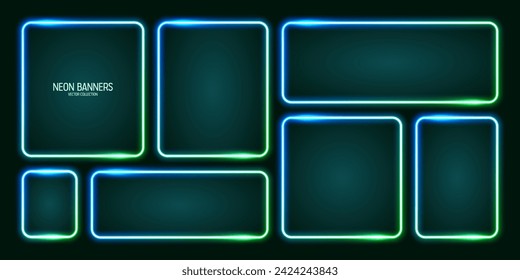 Glowing neon banners, illuminated colorful square frames. Shiny vibrant border, glow effect. Azure vintage retro lights, night illumination. Modern futuristic UI design elements. Vector illustration