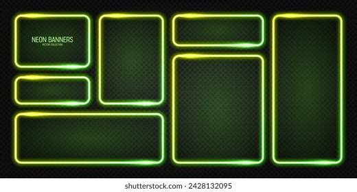 Banderas de neón brillantes, marcos cuadrados de colores iluminados. Brillante borde vibrante, efecto resplandor. Luces retro vintage verde, iluminación nocturna. Elementos de diseño de UI futurista moderno. Ilustración de vector