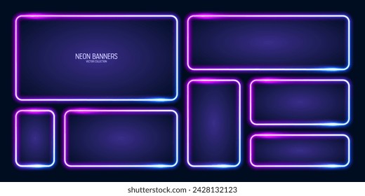 Glowing neon banners, illuminated colorful square frames. Shiny vibrant border, glow effect. Blue vintage retro lights, night illumination. Modern futuristic UI design elements. Vector illustration