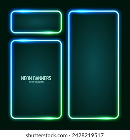 Glowing neon banners, illuminated colorful square frames. Shiny vibrant border, glow effect. Azure vintage retro lights, night illumination. Modern futuristic UI design elements. Vector illustration