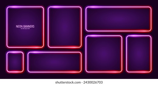 Glowing neon banners, illuminated colorful square frames. Shiny vibrant border, glow effect. Purple vintage retro lights, night illumination. Modern futuristic UI design elements. Vector illustration