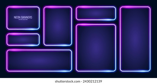 Banderas de neón brillantes, marcos cuadrados de colores iluminados. Brillante borde vibrante, efecto resplandor. Luces retro vintage azules, iluminación nocturna. Elementos de diseño de UI futurista moderno. Ilustración de vector