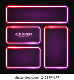 Glowing neon banners, illuminated colorful square frames. Shiny vibrant border, glow effect. Red vintage retro lights, night illumination. Modern futuristic UI design elements. Vector illustration