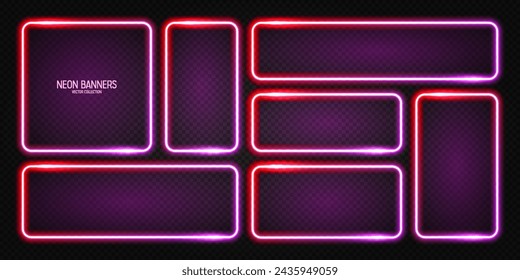 Glowing neon banners, illuminated colorful square frames. Shiny vibrant border, glow effect. Red vintage retro lights, night illumination. Modern futuristic UI design elements. Vector illustration