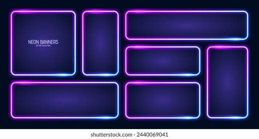 Banderas de neón brillantes, marcos cuadrados de colores iluminados. Brillante borde vibrante, efecto resplandor. Luces retro vintage azules, iluminación nocturna. Elementos de diseño de UI futurista moderno. Ilustración de vector