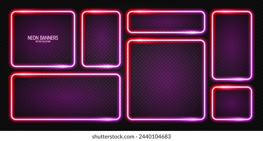 Glowing neon banners, illuminated colorful square frames. Shiny vibrant border, glow effect. Red vintage retro lights, night illumination. Modern futuristic UI design elements. Vector illustration