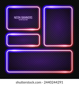 Glowing neon banners, illuminated colorful square frames. Shiny vibrant border, glow effect. Violet vintage retro lights, night illumination. Modern futuristic UI design elements. Vector illustration