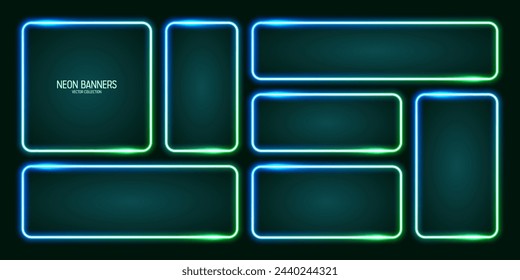 Glowing neon banners, illuminated colorful square frames. Shiny vibrant border, glow effect. Azure vintage retro lights, night illumination. Modern futuristic UI design elements. Vector illustration