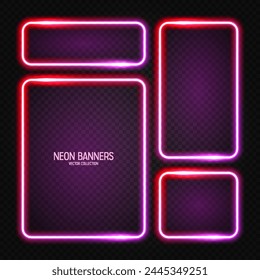 Glowing neon banners, illuminated colorful square frames. Shiny vibrant border, glow effect. Red vintage retro lights, night illumination. Modern futuristic UI design elements. Vector illustration