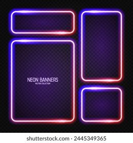 Glowing neon banners, illuminated colorful square frames. Shiny vibrant border, glow effect. Violet vintage retro lights, night illumination. Modern futuristic UI design elements. Vector illustration
