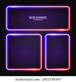 Glowing neon banners, illuminated colorful square frames. Shiny vibrant border, glow effect. Violet vintage retro lights, night illumination. Modern futuristic UI design elements. Vector illustration