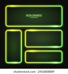 Glowing neon banners, illuminated colorful square frames. Shiny vibrant border, glow effect. Green vintage retro lights, night illumination. Modern futuristic UI design elements. Vector illustration