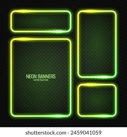 Glowing neon banners, illuminated colorful square frames. Shiny vibrant border, glow effect. Green vintage retro lights, night illumination. Modern futuristic UI design elements. Vector illustration