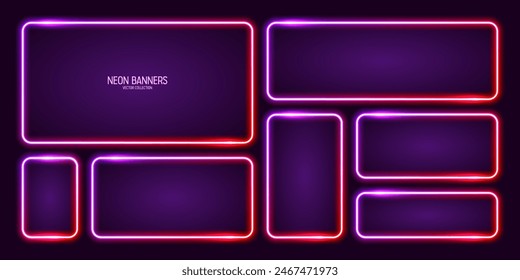 Glowing neon banners, illuminated colorful square frames. Shiny vibrant border, glow effect. Purple vintage retro lights, night illumination. Modern futuristic UI design elements. Vector illustration