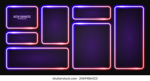 Glowing neon banners, illuminated colorful square frames. Shiny vibrant border, glow effect. Violet vintage retro lights, night illumination. Modern futuristic UI design elements. Vector illustration