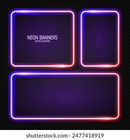 Anuncios de neón brillantes, marcos cuadrados de colores iluminados. Brillante borde vibrante, efecto resplandor. Luces retro vintage violeta, iluminación nocturna. Modernos Elementos de diseño futuristas UI. Ilustración vectorial