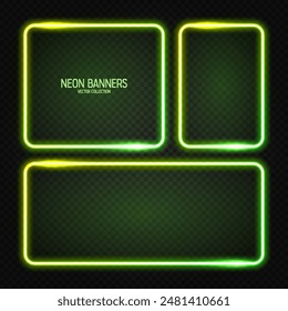 Glowing neon banners, illuminated colorful square frames. Shiny vibrant border, glow effect. Green vintage retro lights, night illumination. Modern futuristic UI design elements. Vector illustration