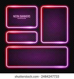 Glowing neon banners, illuminated colorful square frames. Shiny vibrant border, glow effect. Red vintage retro lights, night illumination. Modern futuristic UI design elements. Vector illustration