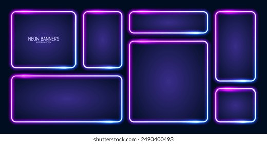 Glowing neon banners, illuminated colorful square frames. Shiny vibrant border, glow effect. Blue vintage retro lights, night illumination. Modern futuristic UI design elements. Vector illustration