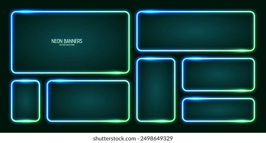 Glowing neon banners, illuminated colorful square frames. Shiny vibrant border, glow effect. Azure vintage retro lights, night illumination. Modern futuristic UI design elements. Vector illustration